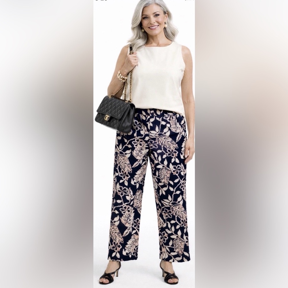 Talbots Wide Leg Botanical Pants Women’s 14 Navy Ivory Lined Cotton Resort